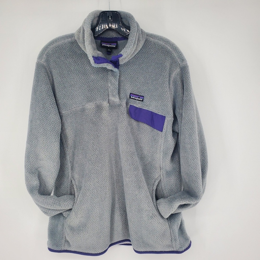 Patagonia Heather Gray Fleece with Purple Trim